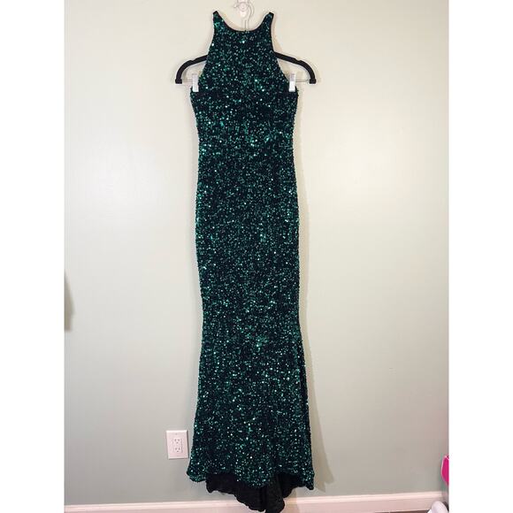 Love & Lemonade Green Sequin Dress Lace Up Backless Mermaid Maxi size XS NWT - Picture 3 of 15